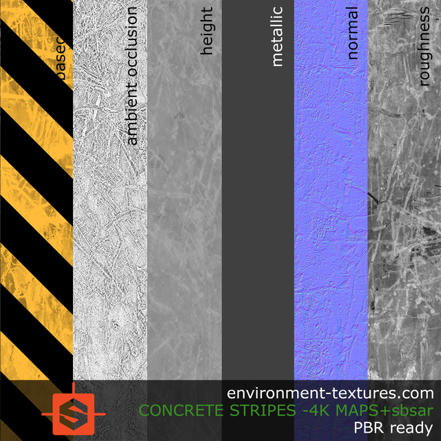 PBR substance material of concrete warning stripes painted created in substance designer for graphic designers and game developers