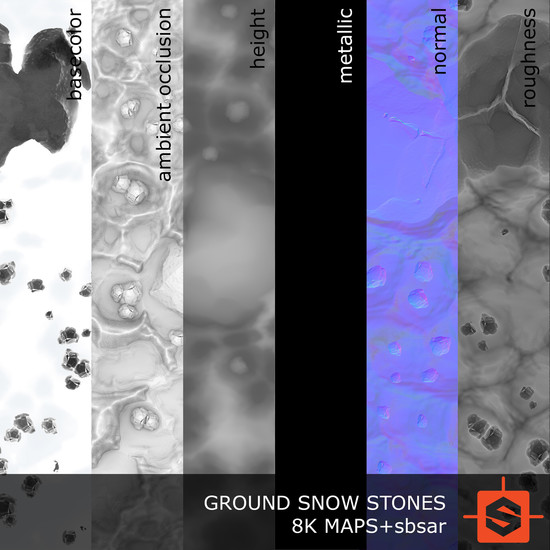 PBR substance material of ground snowy stones created in substance designer for graphic designers and game developers.