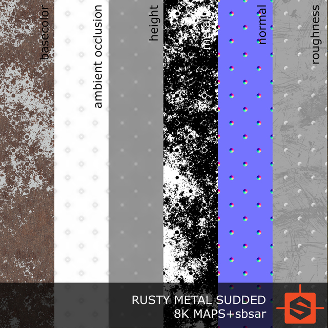 PBR substance material of rusty metal studded created in substance designer for graphic designers and game developers