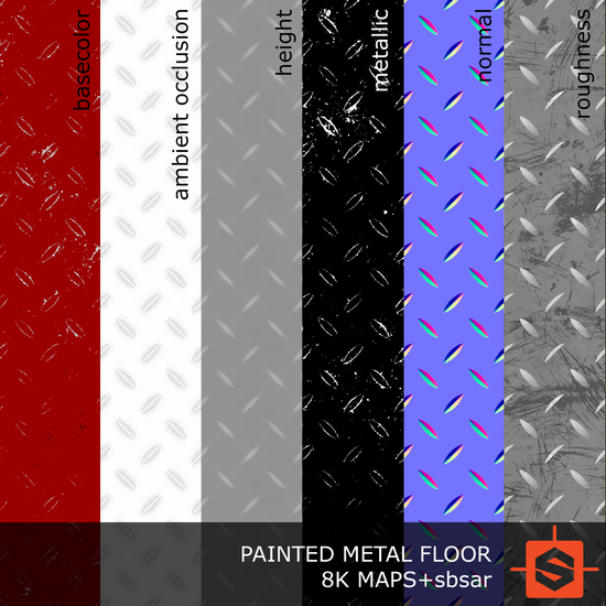 PBR substance material of metal floor painted red created in substance designer for graphic designers and game developers